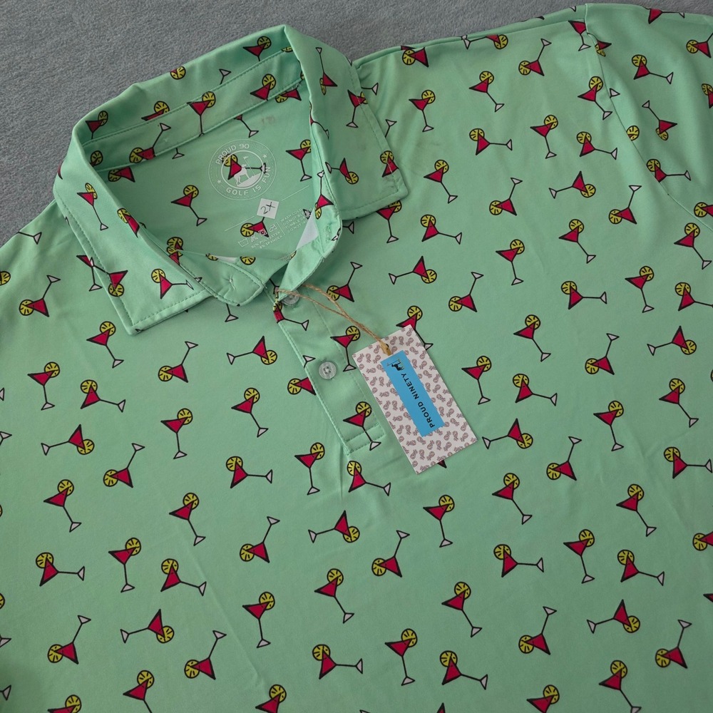 Proud 90 Mens 2X Mint Green Martini Glass Print Golf Performance Polo Shirt
